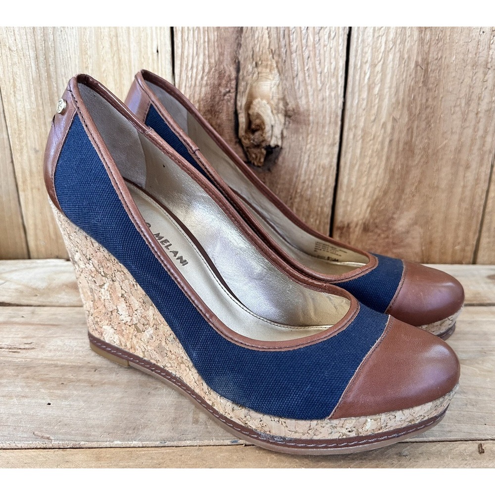 Antonio Melani Cork Wedge Heels Leather Blue Platform Size 8.5M Woman's